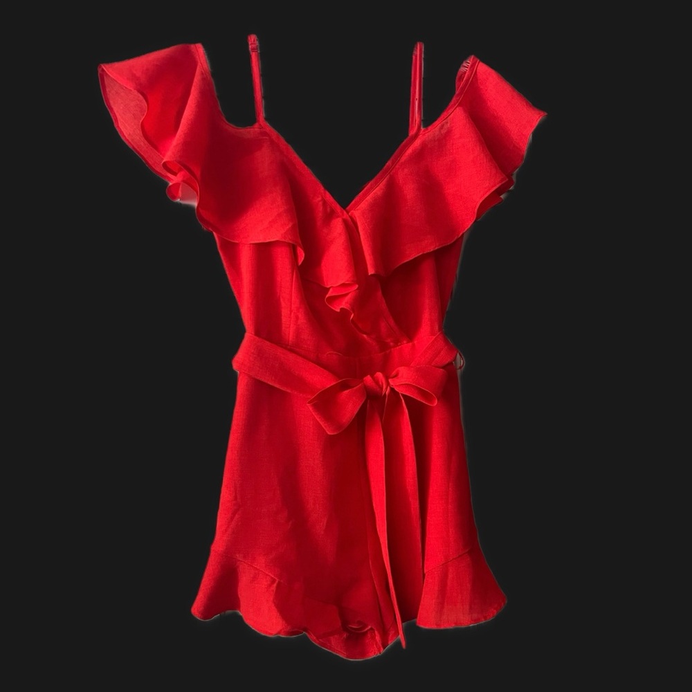 Red Ruffled Romper with Bow - Picture 2 of 4